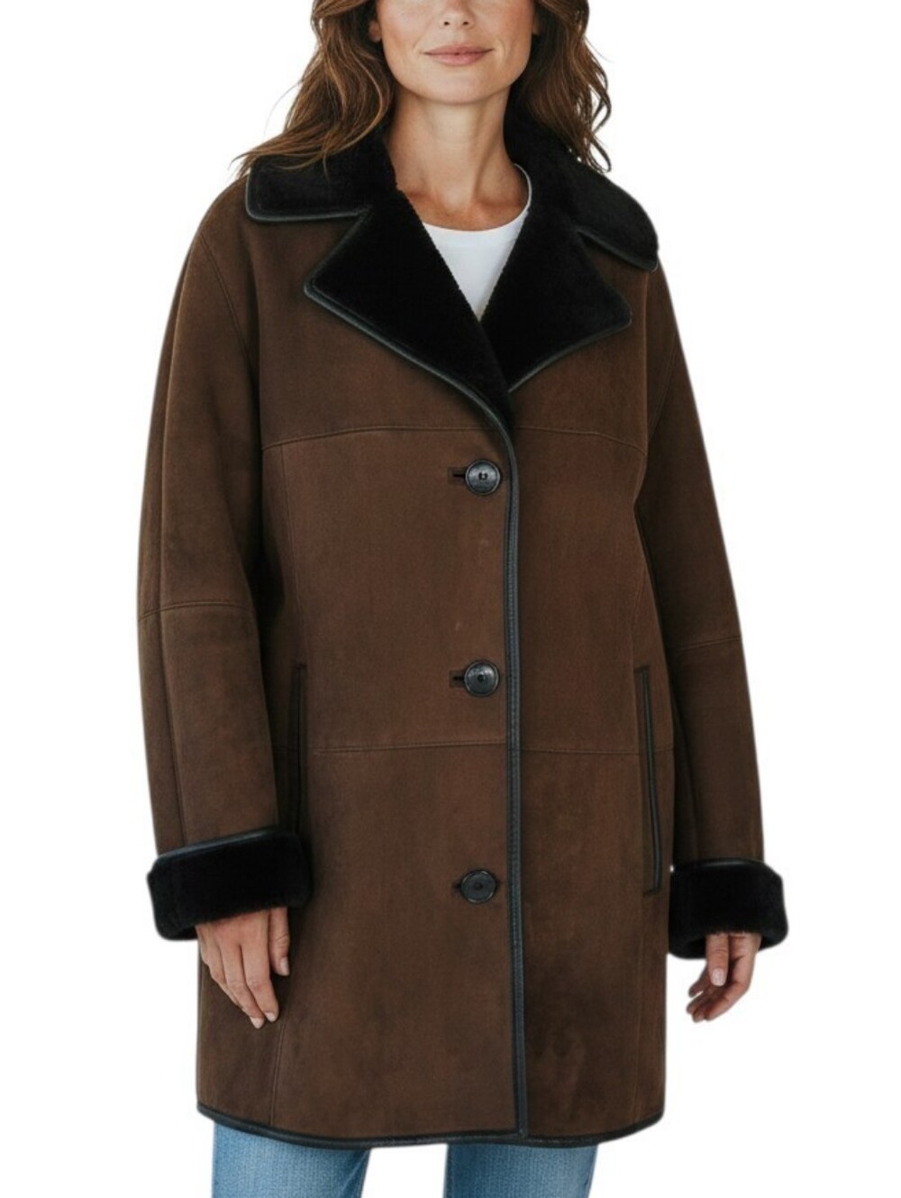 FantaZia Genuine Shearling Sheepskin Y2K Brown Leather Coat Women's Size L